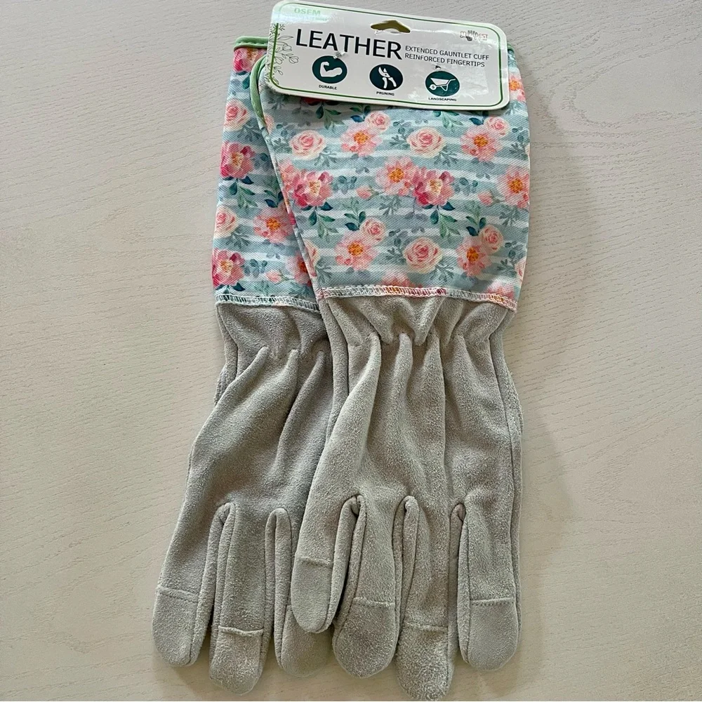 Leather Floral Gardening Gloves w/Extended Gauntlet Cuff Reinforced Fingertips
